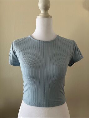 Ribbed Short Sleeve Crop Top - Light Blue